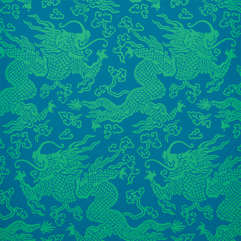 Schumacher Ruan Dragon Damask Peacock Wallpaper Sample 5010882