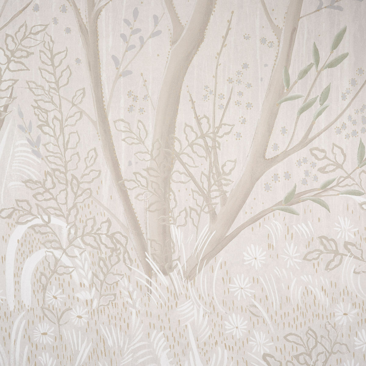 Schumacher Brindille Golden Accented Panel Set Alabaster Wallpaper Sample 5010924