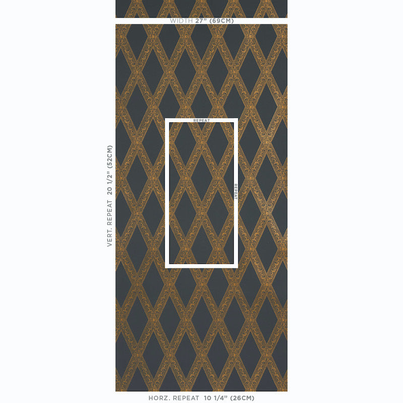 Schumacher Les Losanges Toile Gold On Black Wallpaper Sample 5011362