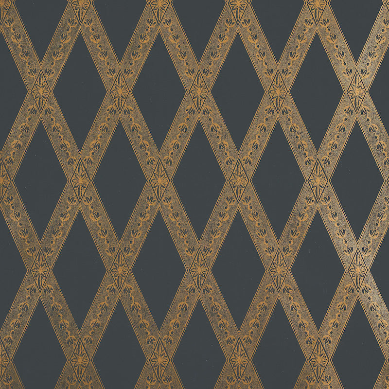 Schumacher Les Losanges Toile Gold On Black Wallpaper Sample 5011362