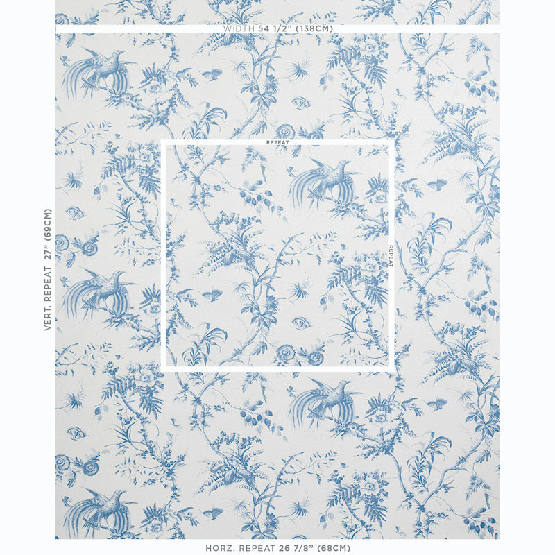 Schumacher Toile De La Prairie Blue Wallpaper Sample 5011711