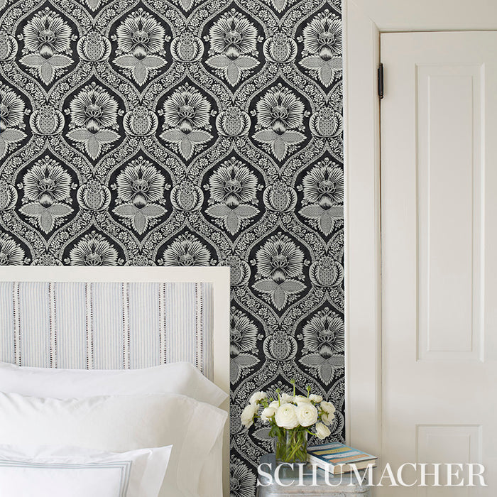 Schumacher Villandry Damask Print Blue Wallpaper Sample 5011750