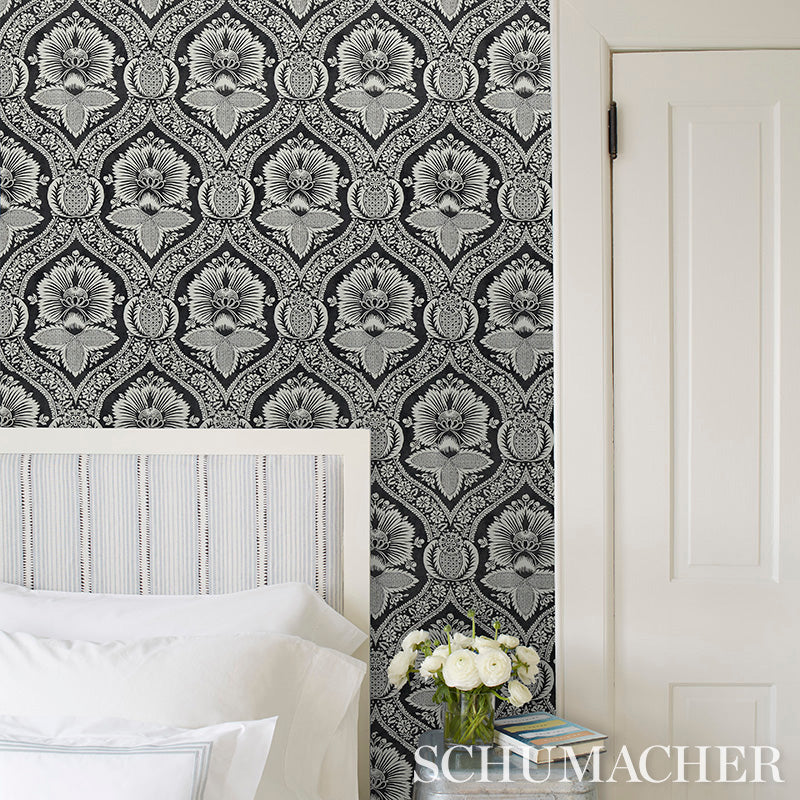 Schumacher Villandry Damask Print Black Wallpaper Sample 5011752