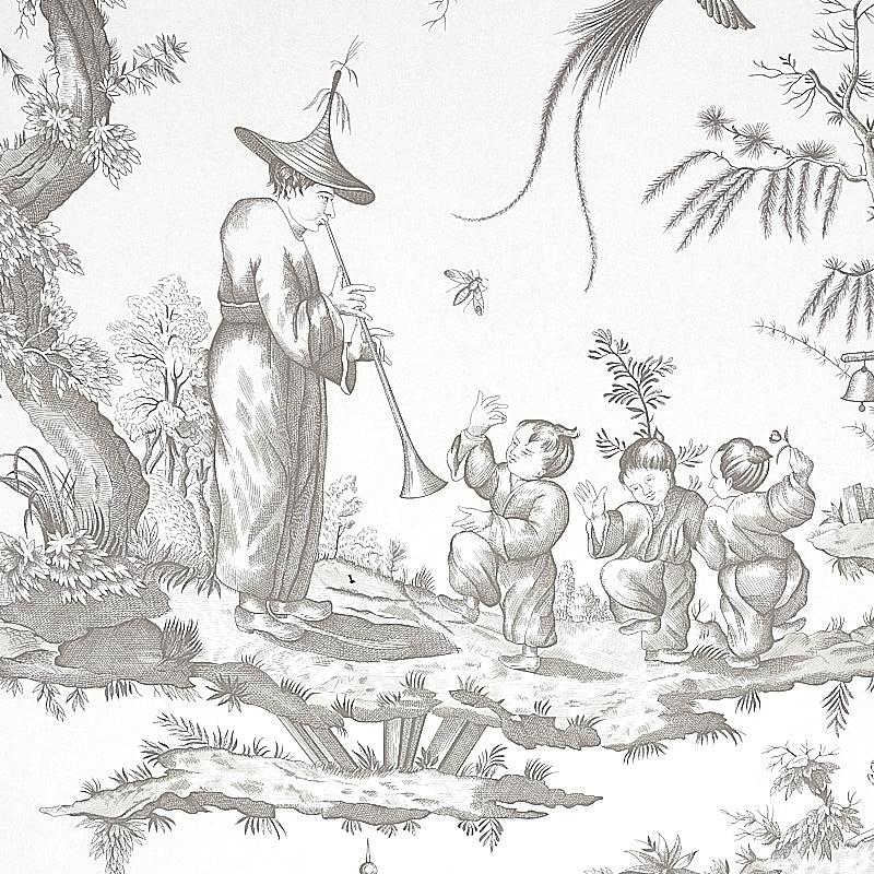 Schumacher Shengyou Toile Driftwood Wallpaper Sample 5012050