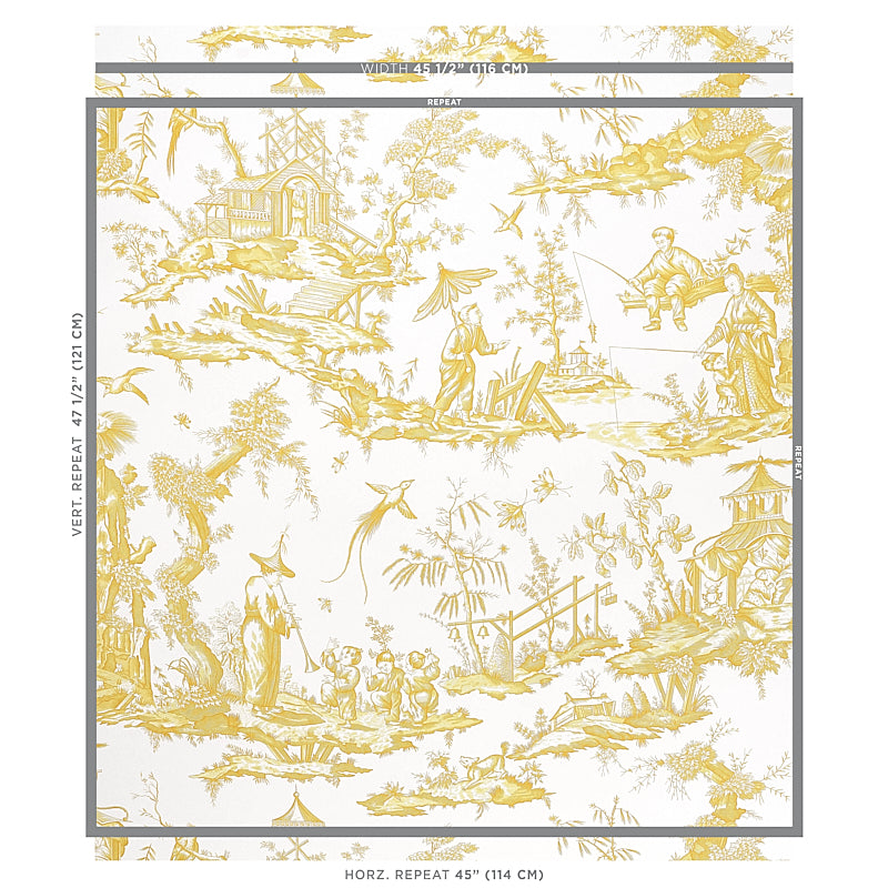 Schumacher Shengyou Toile Yellow Wallpaper Sample 5012051