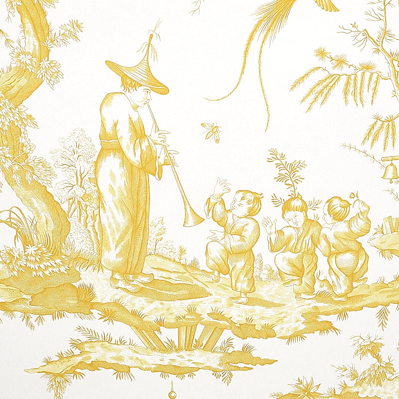 Schumacher Shengyou Toile Yellow Wallpaper Sample 5012051