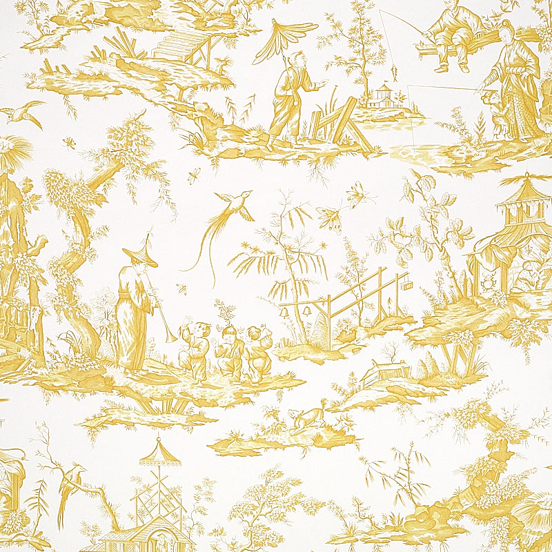 Schumacher Shengyou Toile Yellow Wallpaper Sample 5012051