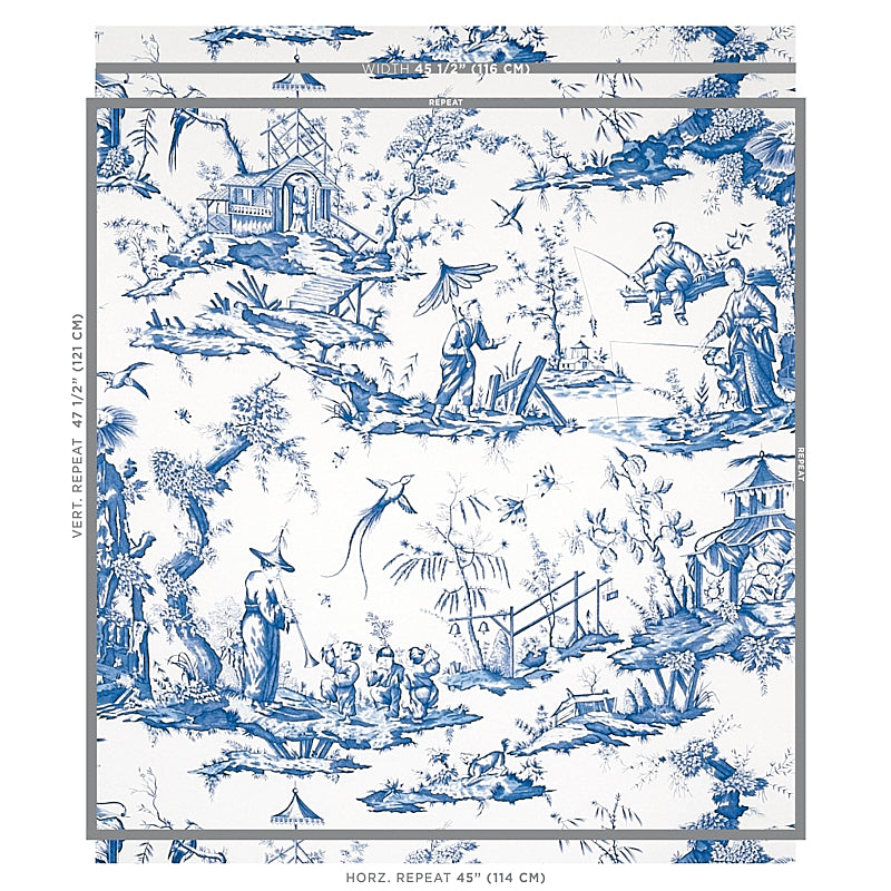 Schumacher Shengyou Toile Blue Wallpaper Sample 5012052