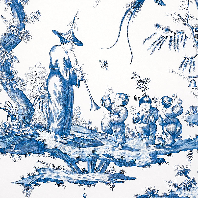 Schumacher Shengyou Toile Blue Wallpaper Sample 5012052