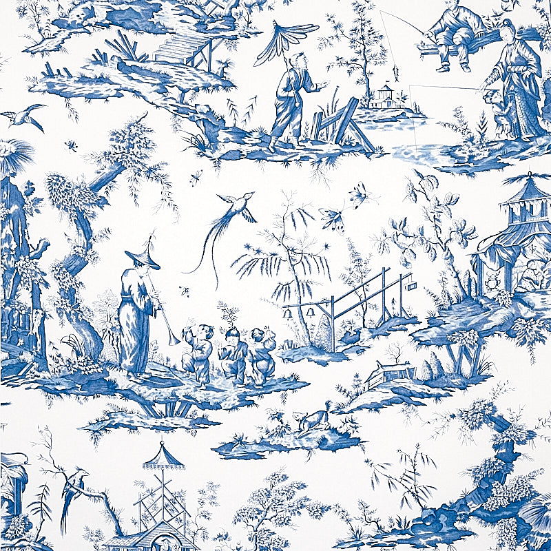 Schumacher Shengyou Toile Blue Wallpaper Sample 5012052