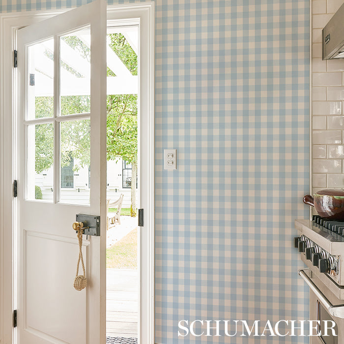 Schumacher Willa Check Small Chambray Wallpaper Sample 5012360