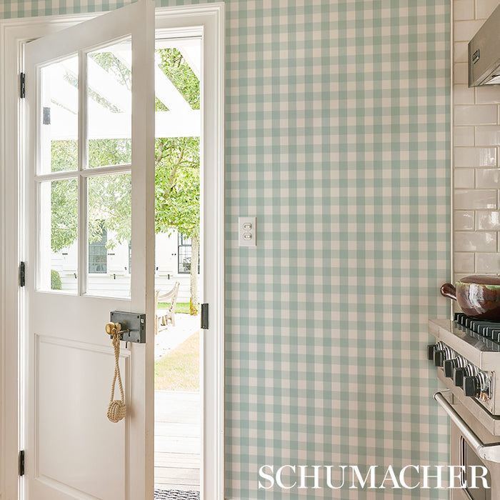 Schumacher Willa Check Small Seaglass Wallpaper Sample 5012366