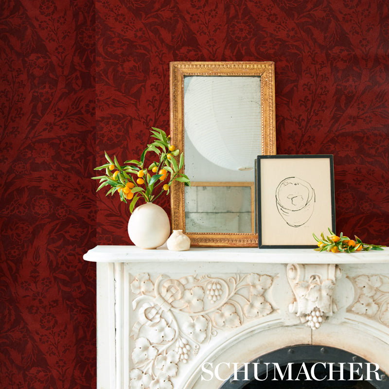 Schumacher Saz Paisley Burgundy Wallpaper Sample 5012902