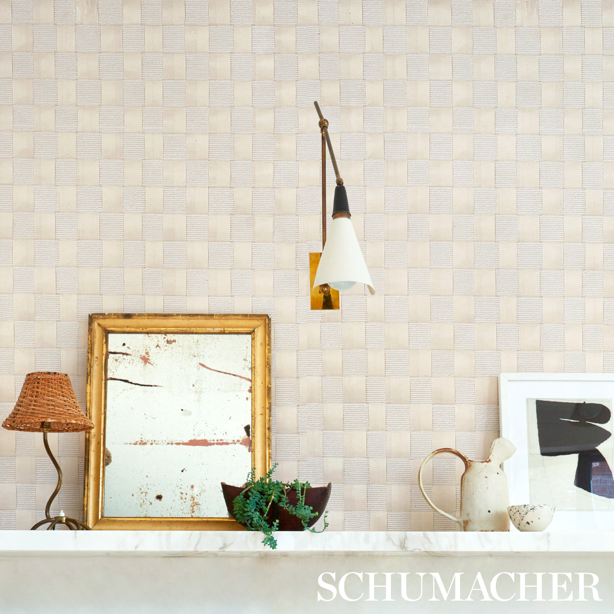 Schumacher Textured Check White Wallpaper Sample 5012970