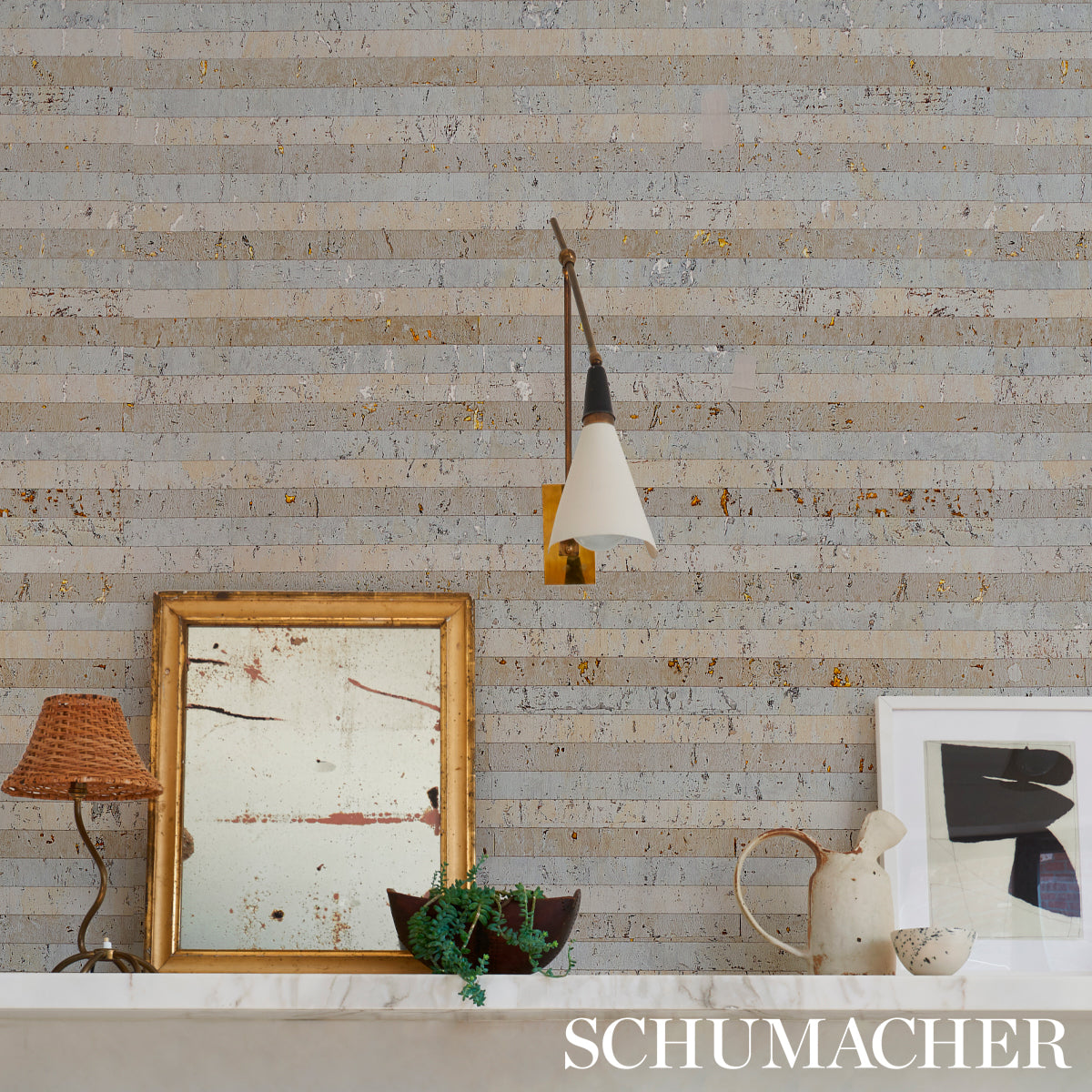 Schumacher Cork Stripe White Wallpaper Sample 5013000
