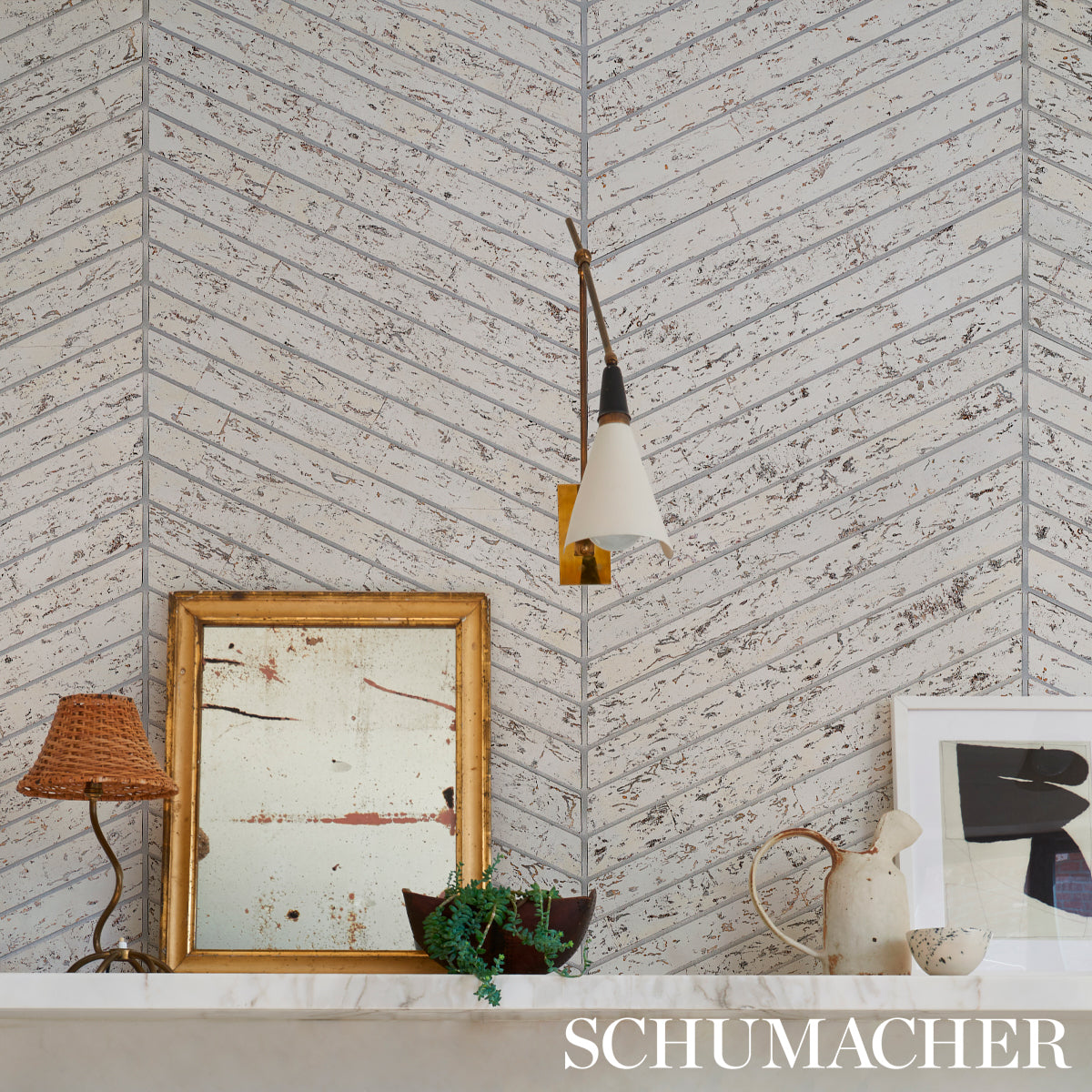Schumacher Cork Herringbone White Wallpaper 5013010
