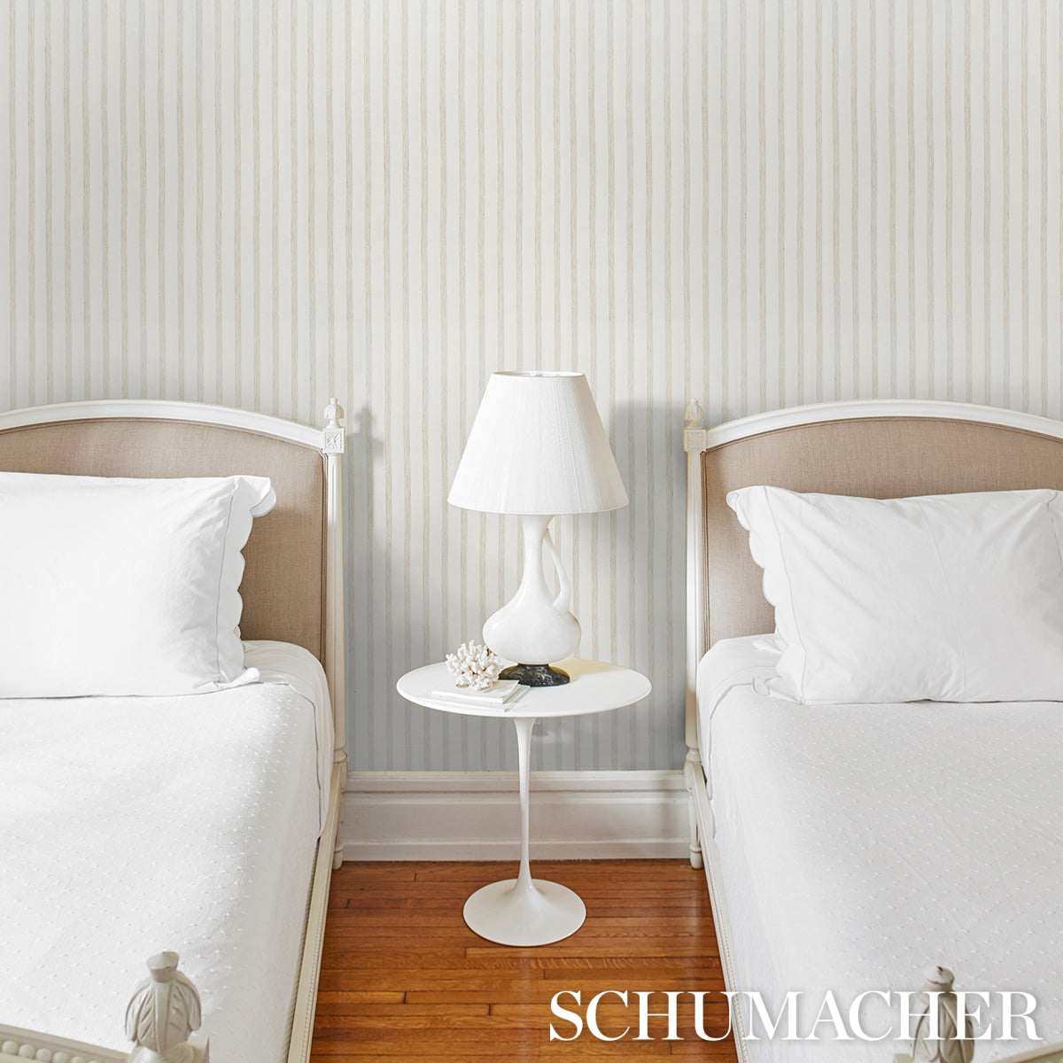 Schumacher Textured Linen Stripe White Wallpaper Sample 5013020