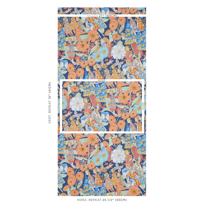 Schumacher Fairie Garden Orange And Navy Wallpaper Sample 5013540
