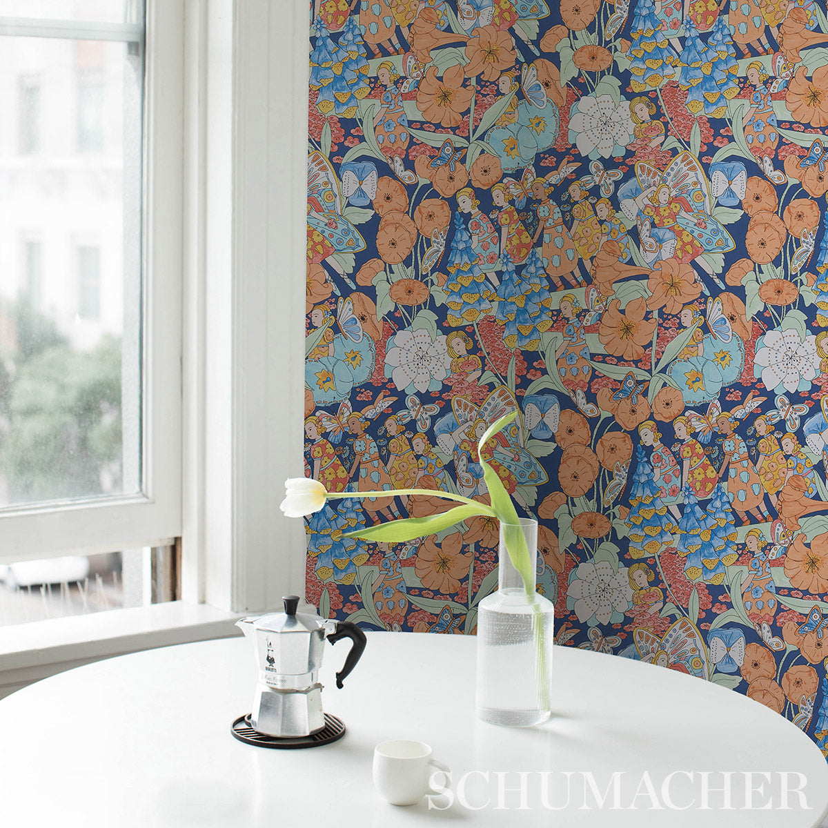 Schumacher Fairie Garden Orange And Navy Wallpaper Sample 5013540