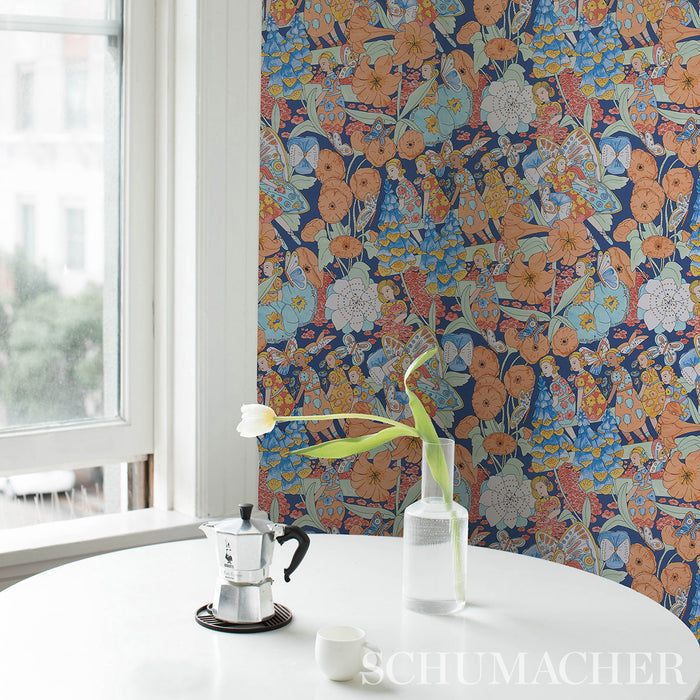 Schumacher Fairie Garden Orange And Navy Wallpaper Sample 5013540