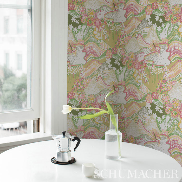 Schumacher Daisy Chain Green And Pink Wallpaper Sample 5013551