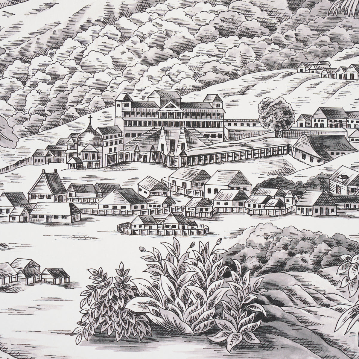 Schumacher Toussaint Toile Black On Ivory Wallpaper Sample 5013770