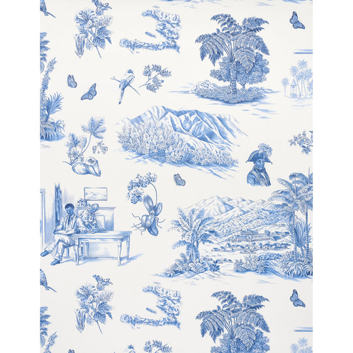 Schumacher Toussaint Toile Blue On Ivory Wallpaper Sample 5013771