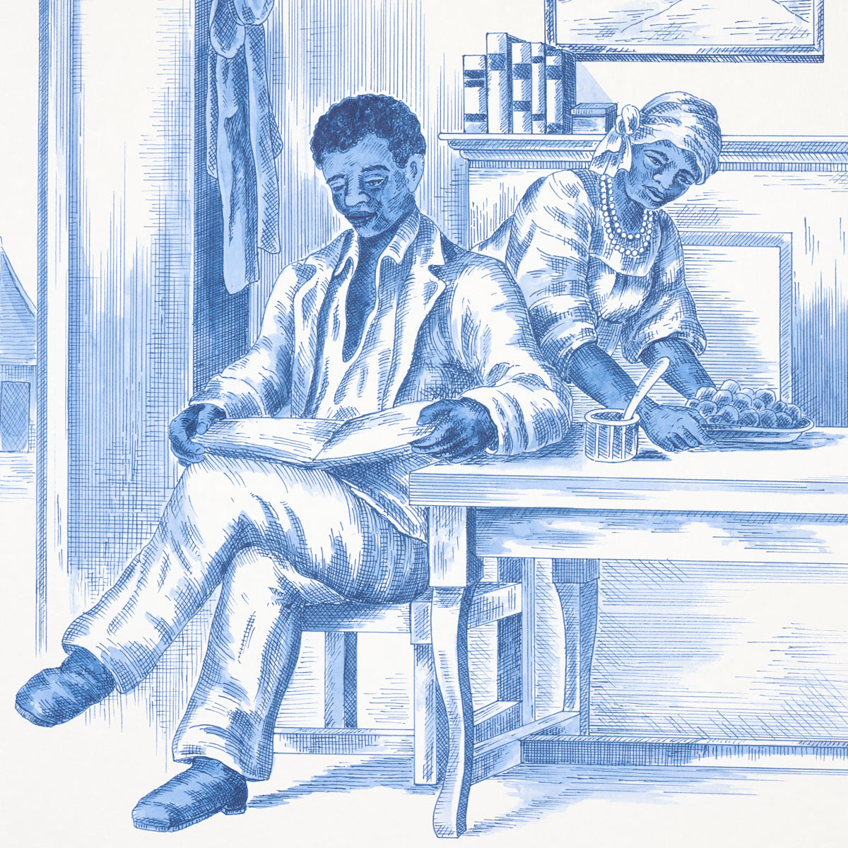 Schumacher Toussaint Toile Blue On Ivory Wallpaper Sample 5013771