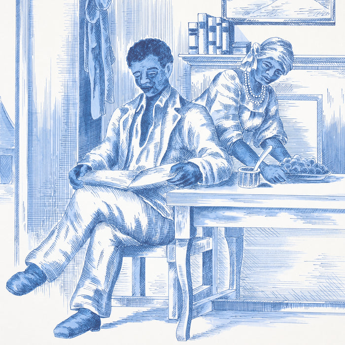 Schumacher Toussaint Toile Blue On Ivory Wallpaper Sample 5013771