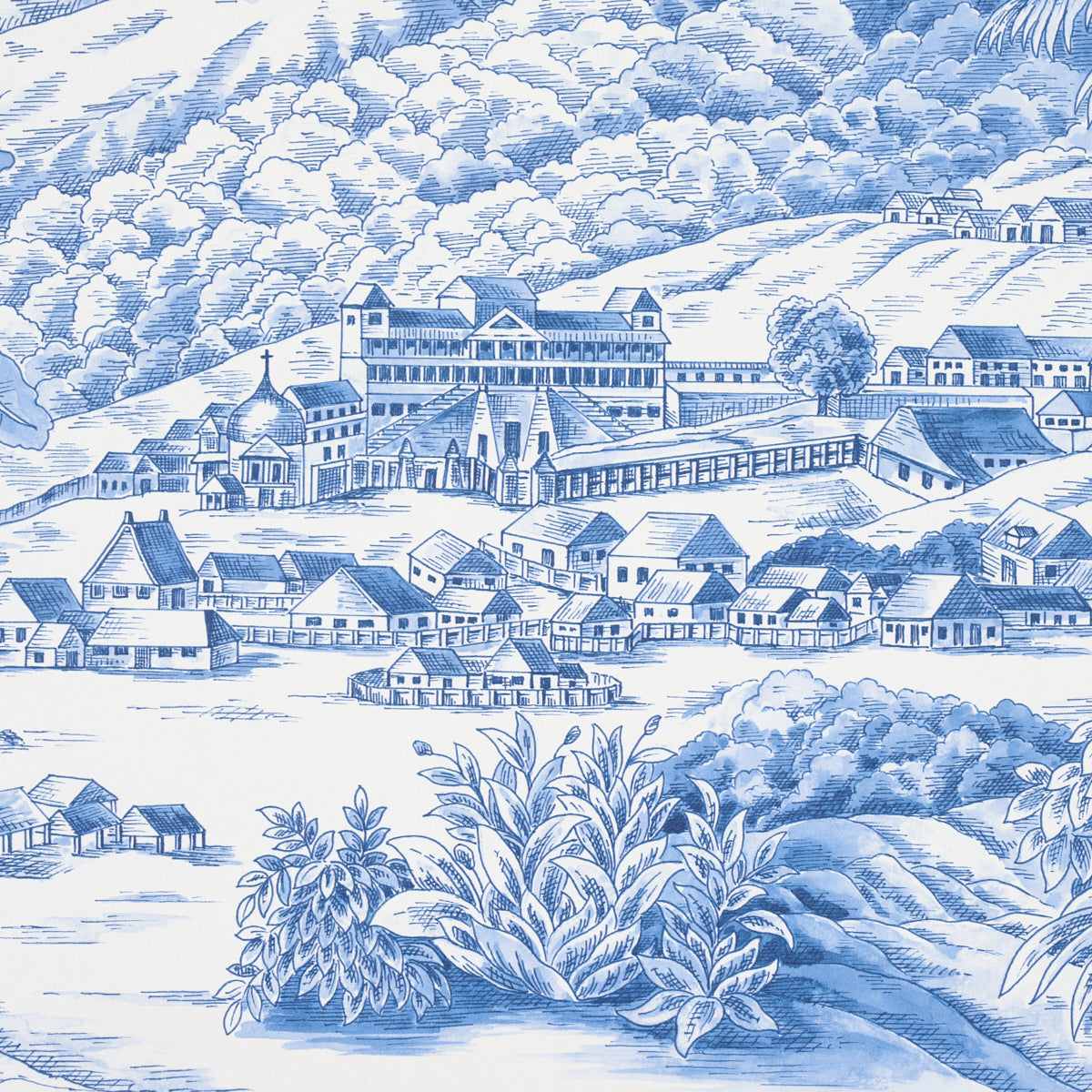 Schumacher Toussaint Toile Blue On Ivory Wallpaper Sample 5013771