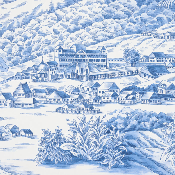 Schumacher Toussaint Toile Blue On Ivory Wallpaper Sample 5013771