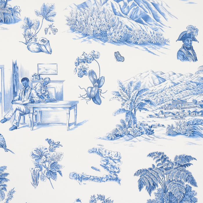 Schumacher Toussaint Toile Blue On Ivory Wallpaper Sample 5013771