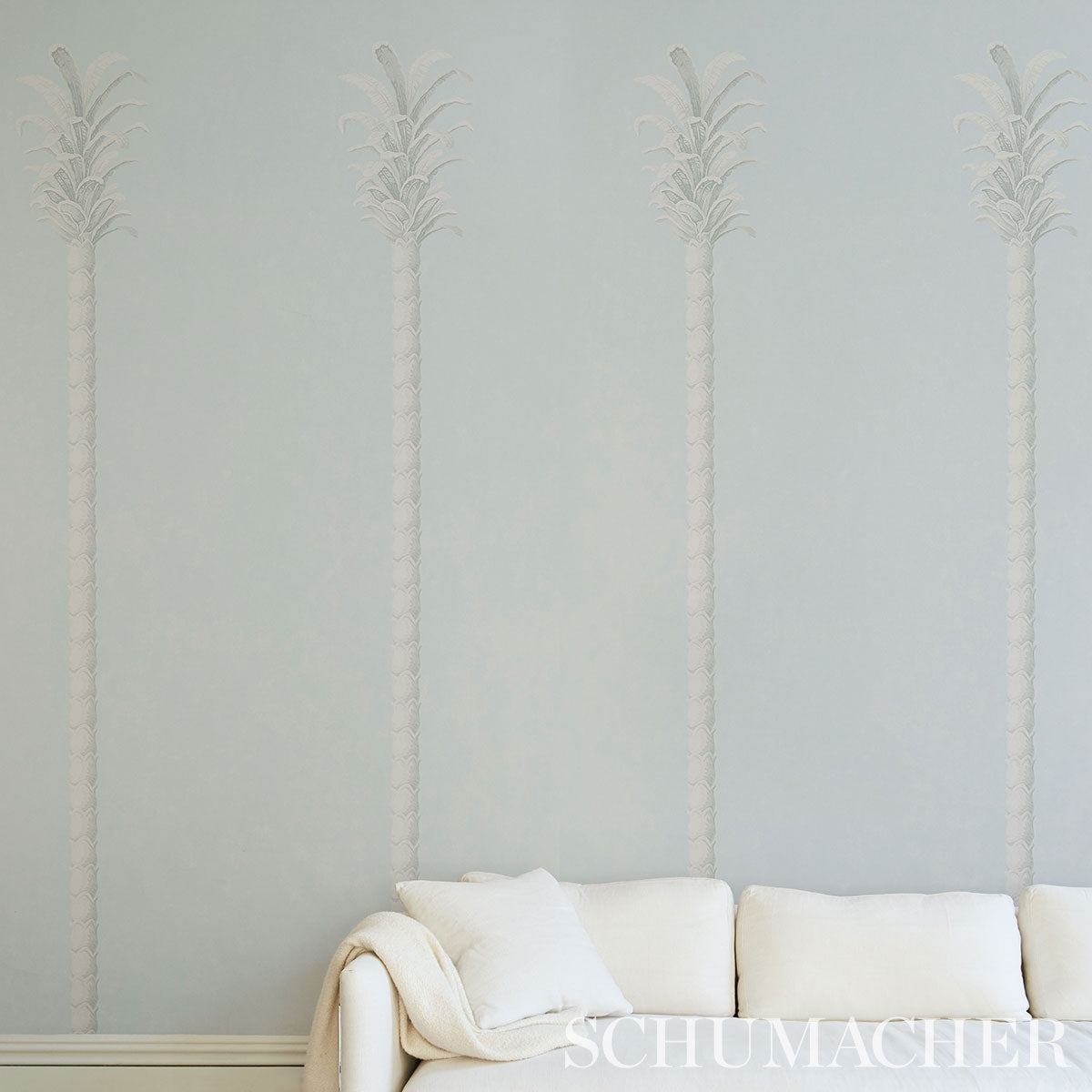 Schumacher Villa Palm Panel Blue Wallpaper Sample 5013880