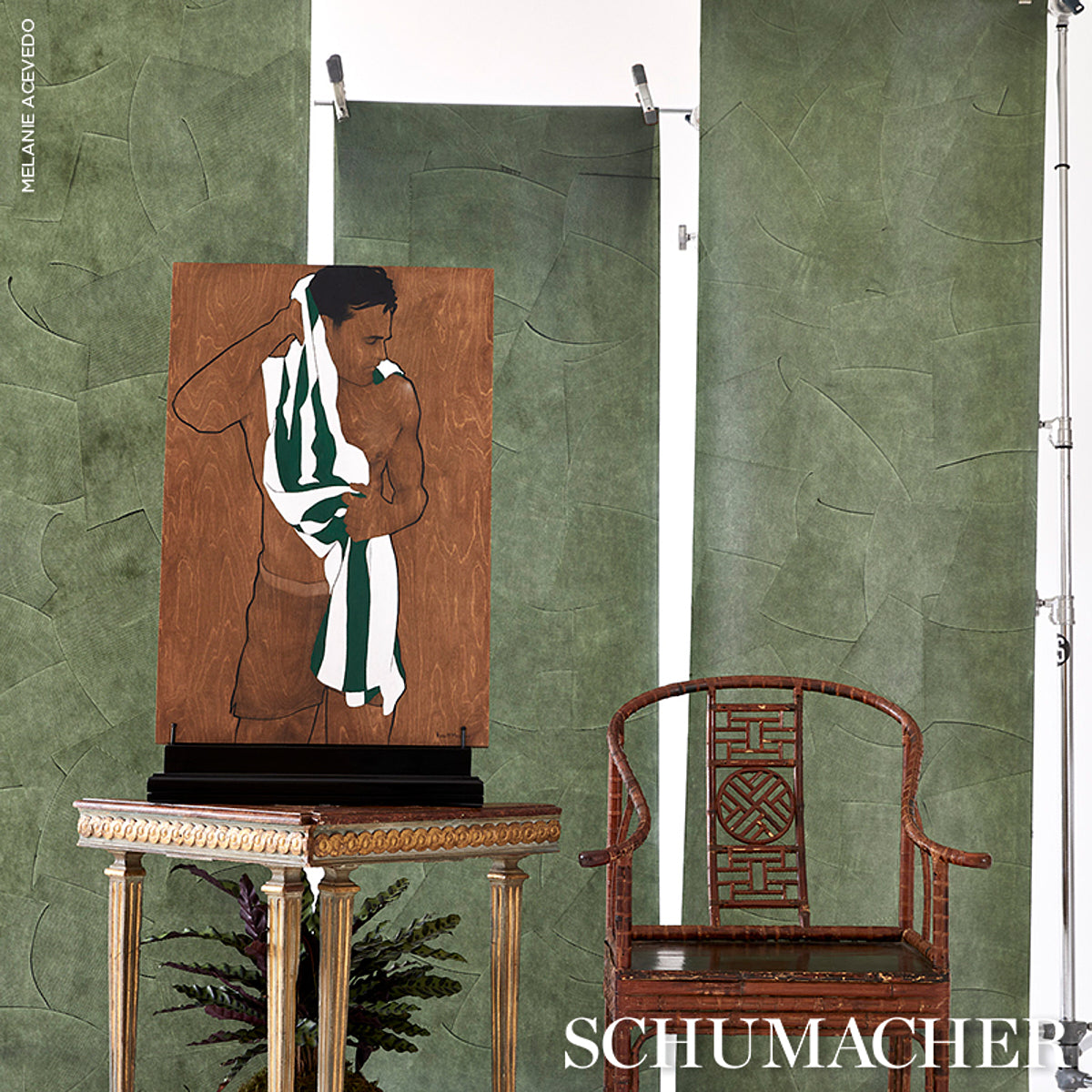 Schumacher Hand Combed Plaster Green Leaf Wallpaper Sample 5013952