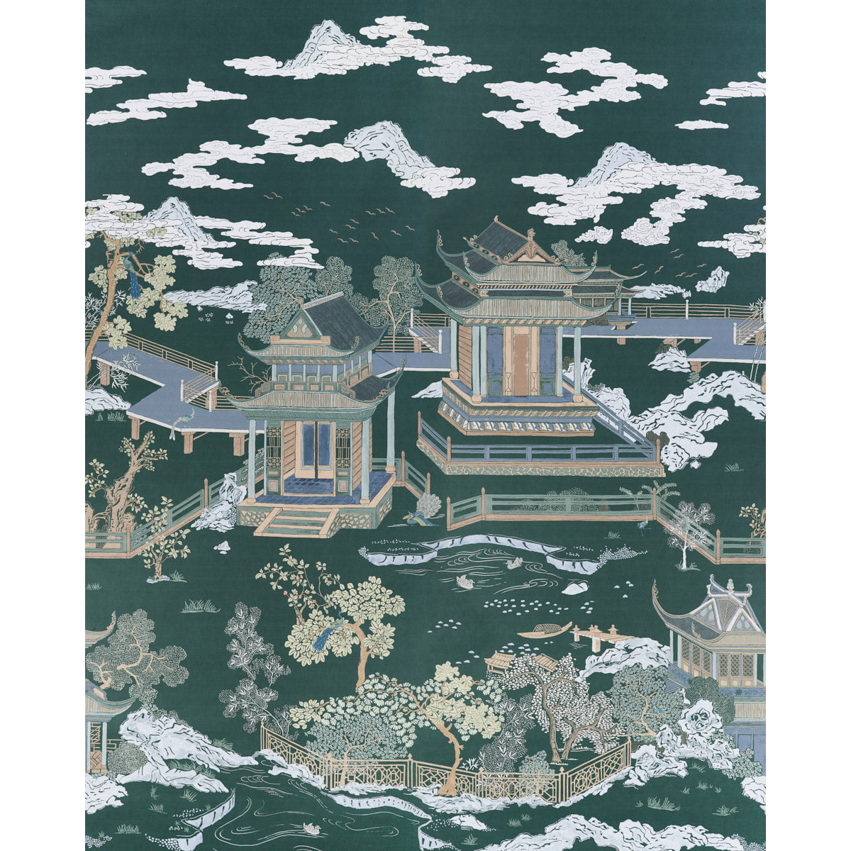 Schumacher Coromandel Panel Set Midnight Green Wallpaper Sample 5014162