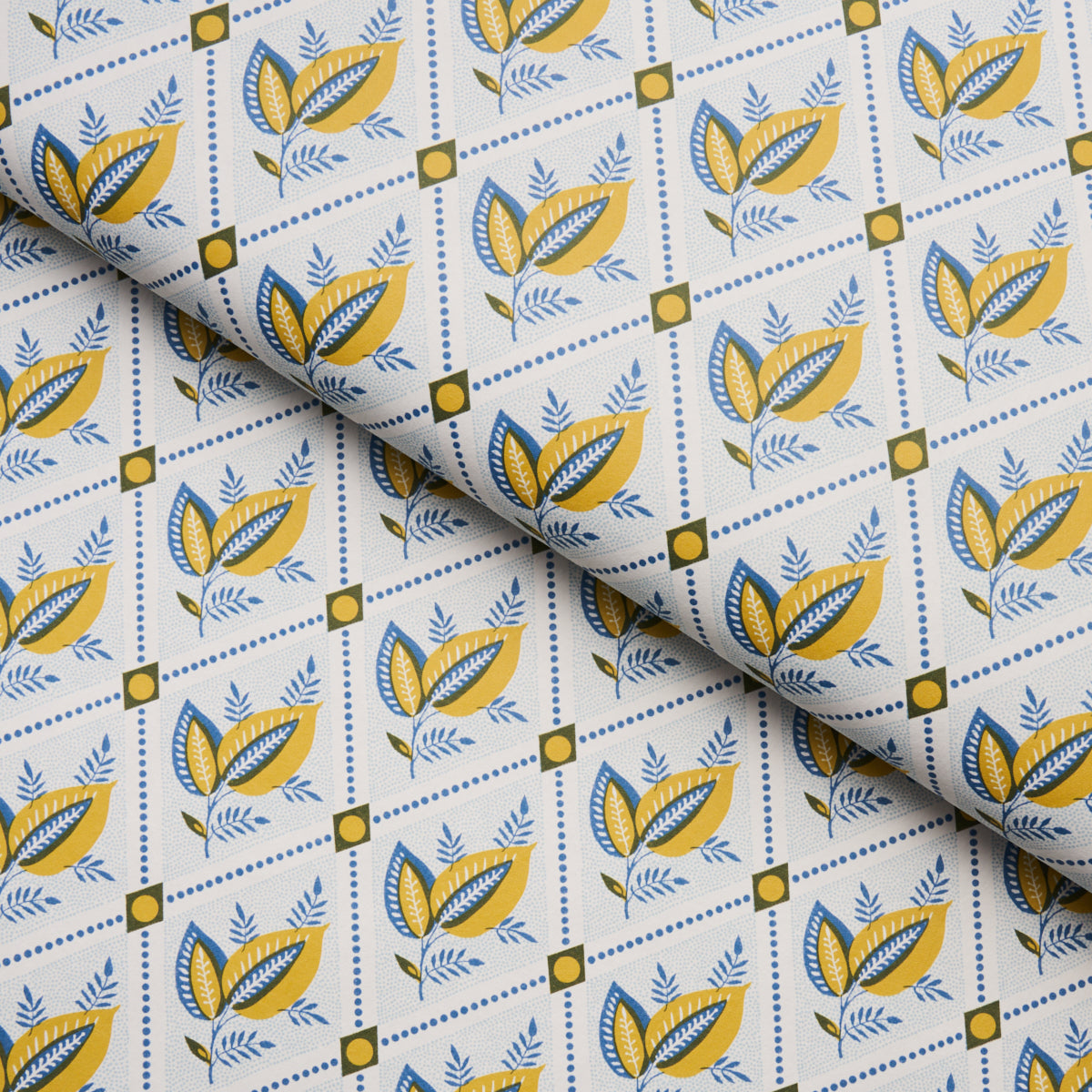 Schumacher Basile Trellis Yellow & Blue Wallpaper Sample 5014230