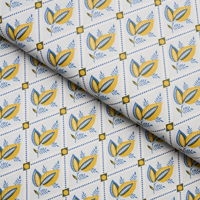Schumacher Basile Trellis Yellow & Blue Wallpaper Sample 5014230