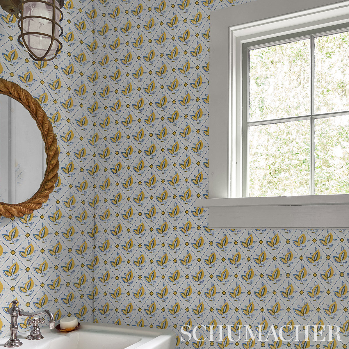 Schumacher Basile Trellis Yellow & Blue Wallpaper Sample 5014230