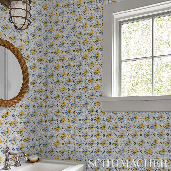 Schumacher Basile Trellis Yellow & Blue Wallpaper Sample 5014230