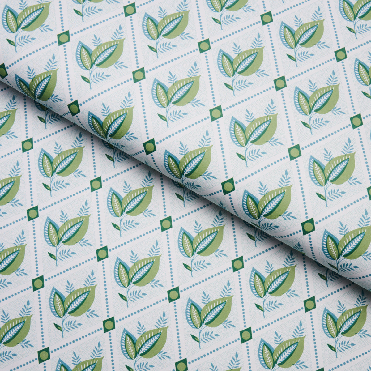 Schumacher Basile Trellis Leaf & Aqua Wallpaper Sample 5014231