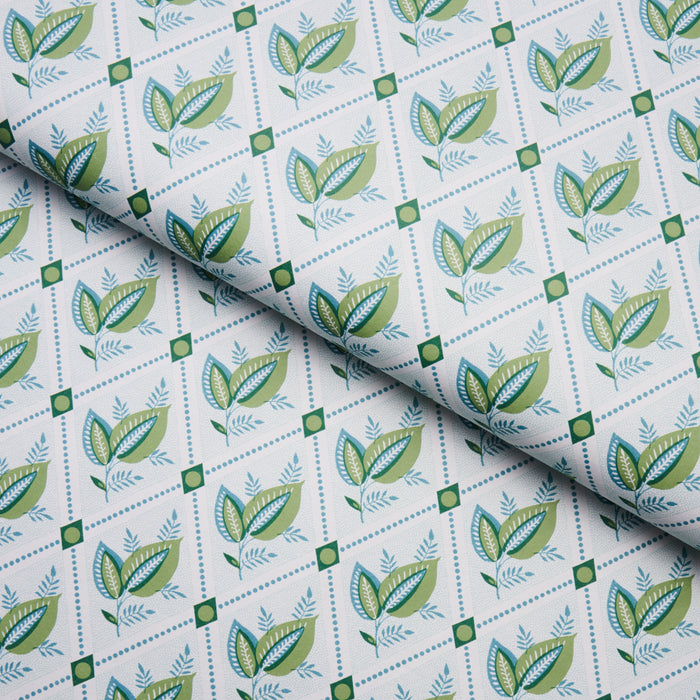 Schumacher Basile Trellis Leaf & Aqua Wallpaper Sample 5014231