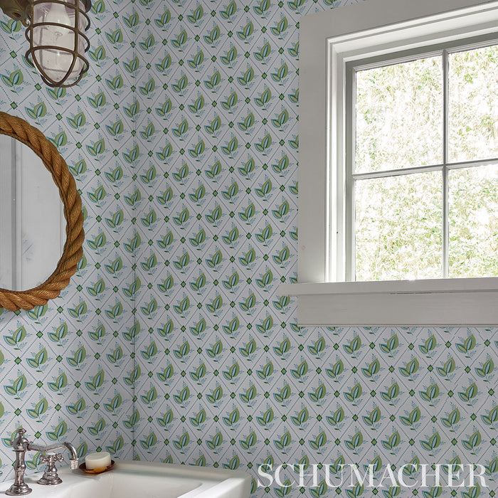 Schumacher Basile Trellis Leaf & Aqua Wallpaper Sample 5014231