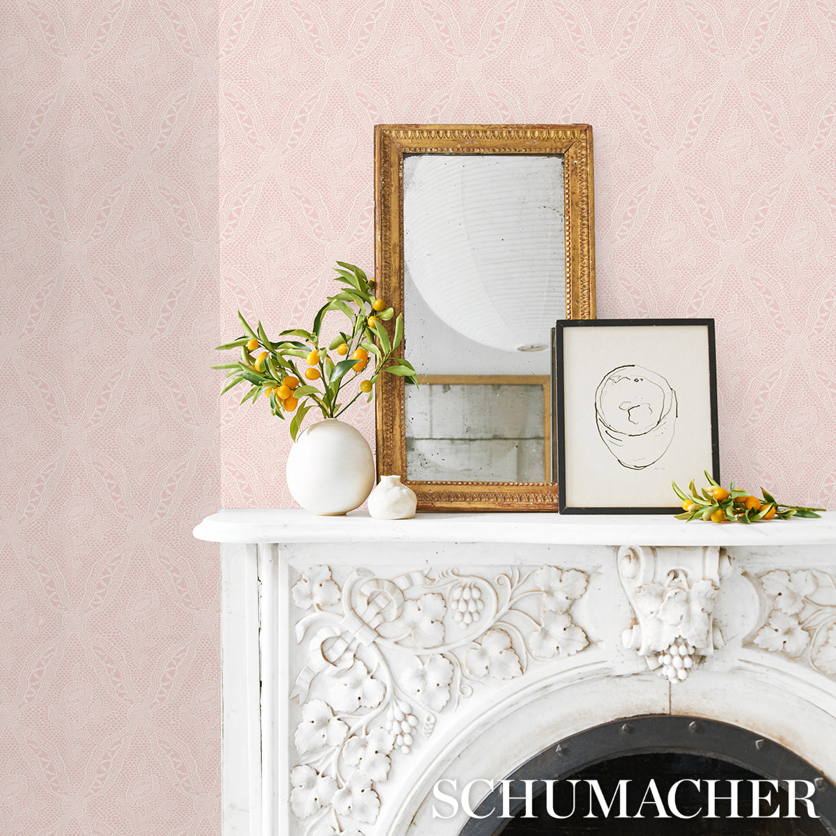 Schumacher Cosette Lace Blush Wallpaper Sample 5014720