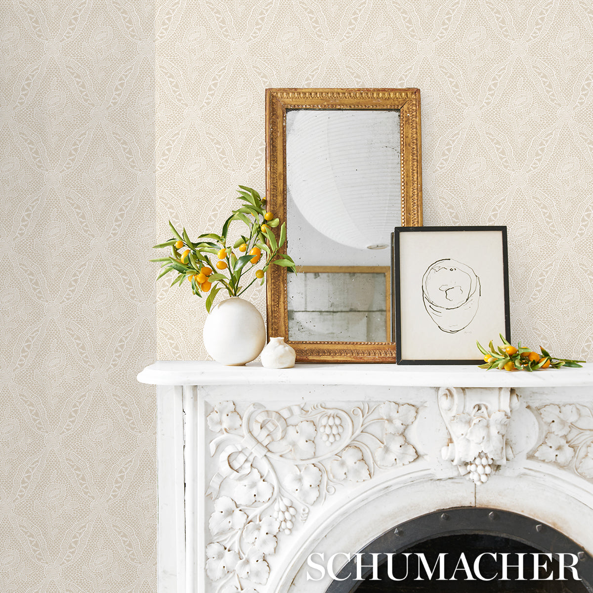 Schumacher Cosette Lace Sand Wallpaper Sample 5014721