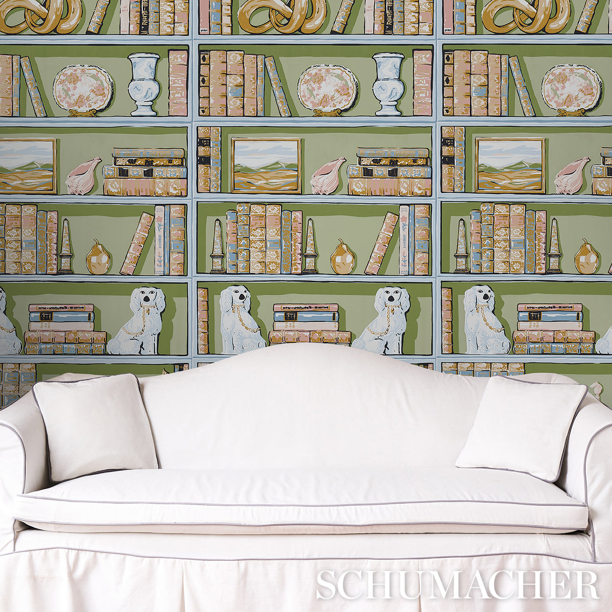 Schumacher Natalie's Library Celadon Wallpaper Sample 5014730