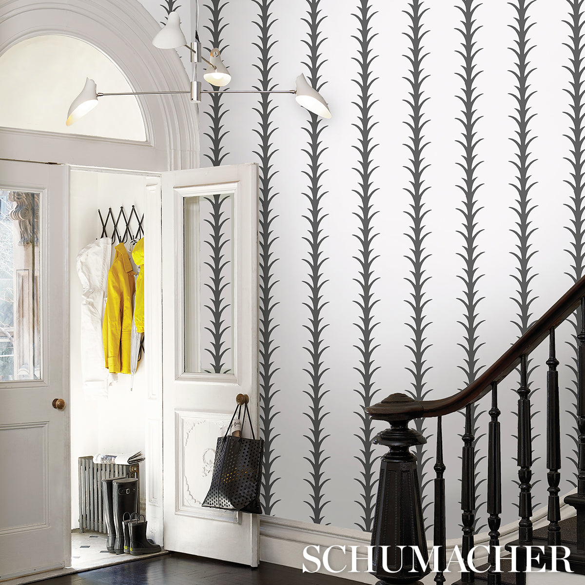 Schumacher Acanthus Stripe Carbon On Ivory Wallpaper Sample 5014773