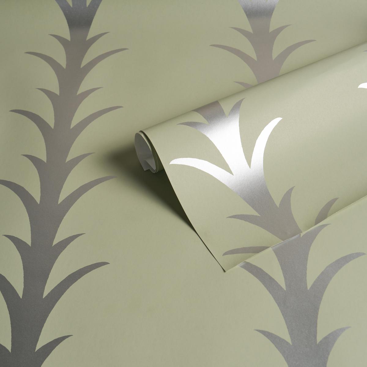 Schumacher Acanthus Stripe Metallic On Sage Wallpaper 5014776