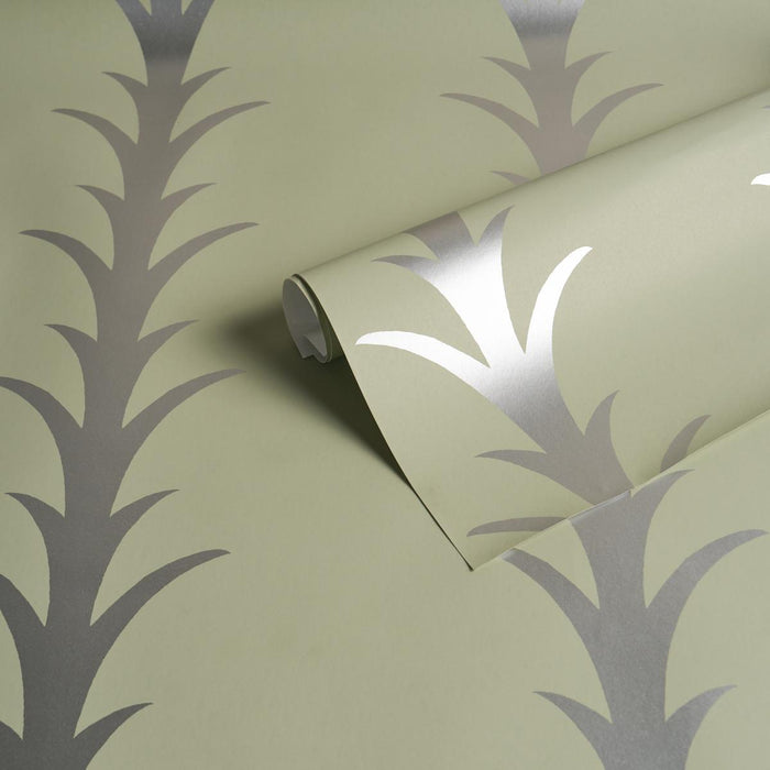 Schumacher Acanthus Stripe Metallic On Sage Wallpaper 5014776