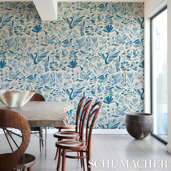 Schumacher Canopy Blue Birds Wallpaper Sample 5014830