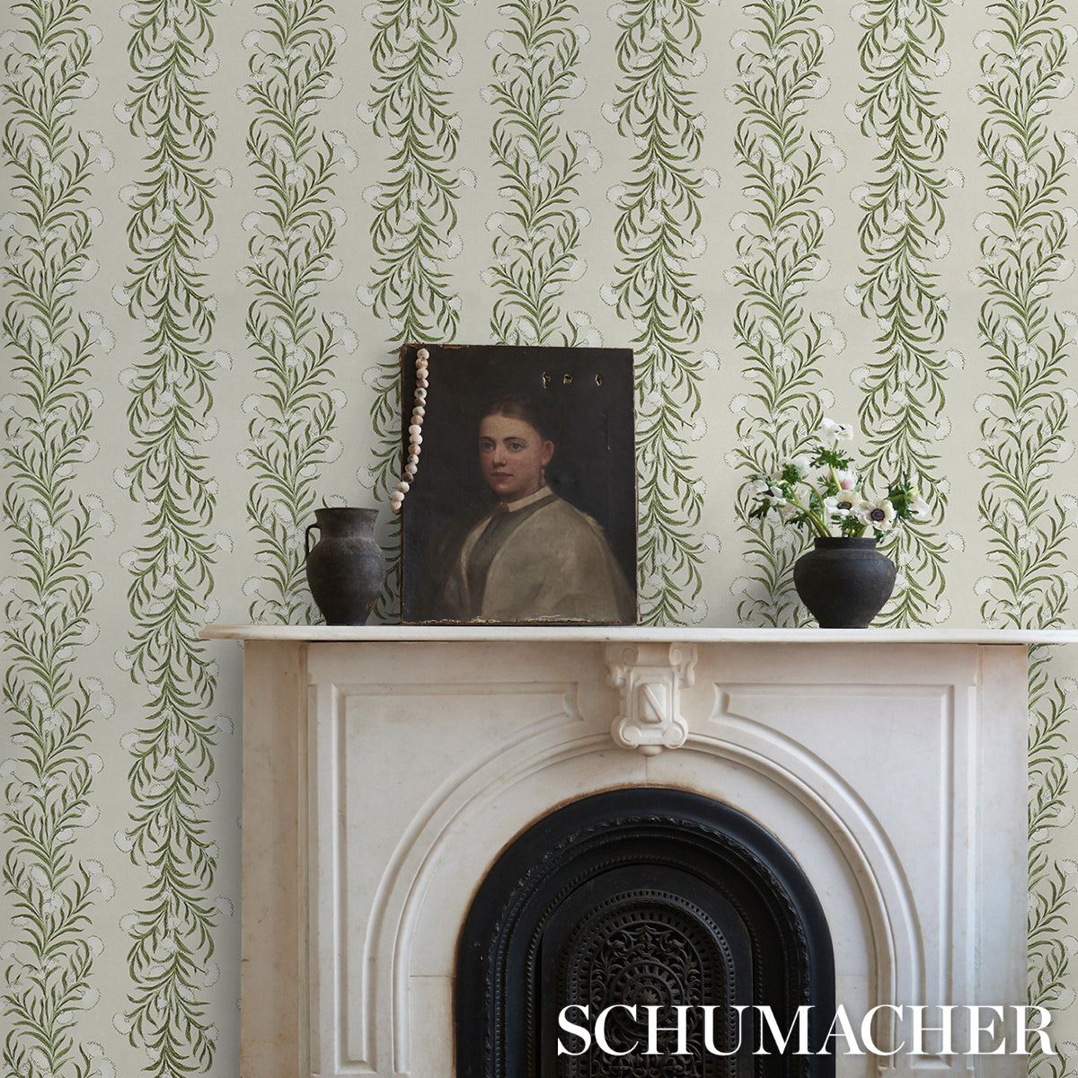 Schumacher Tasmanian Mimosa Ivory & Green Wallpaper Sample 5015362